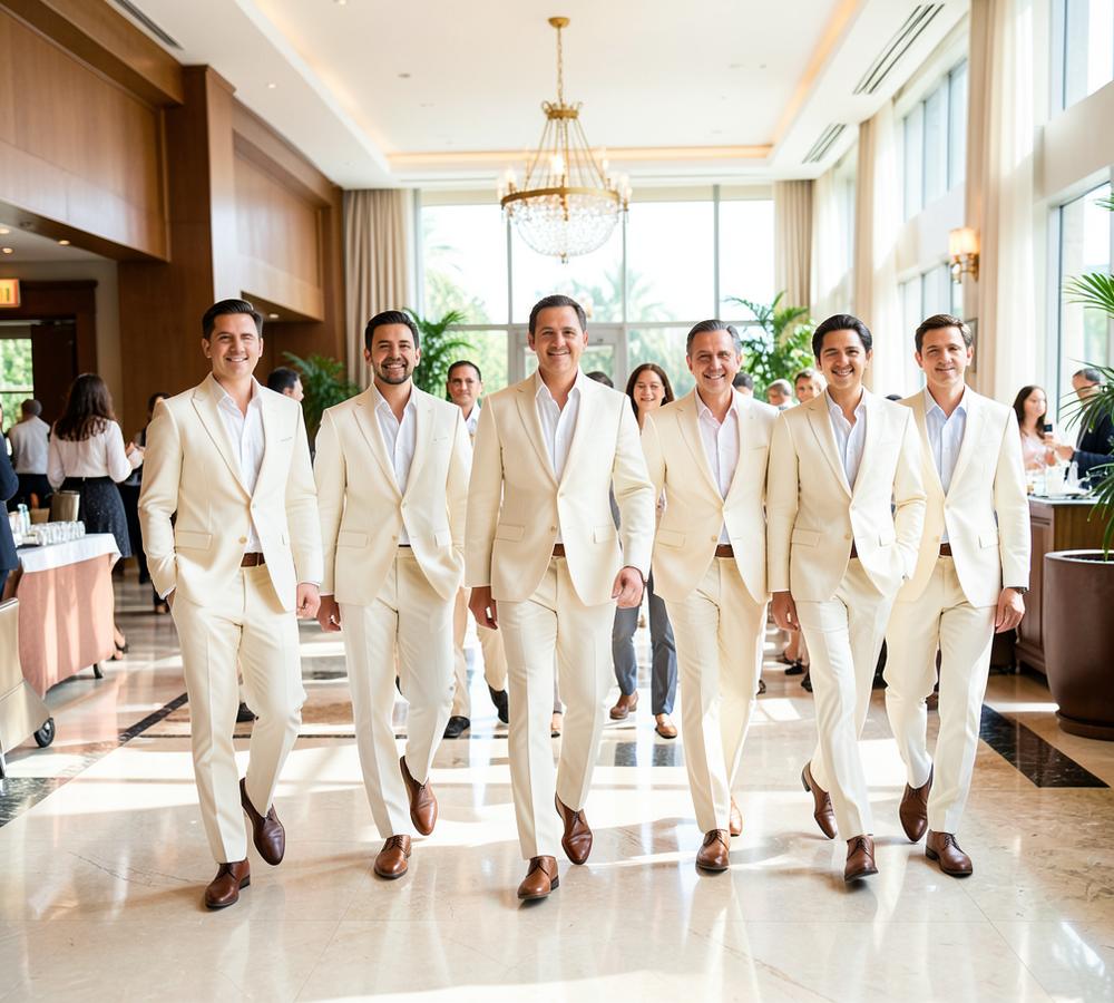 Team members walking together in white attire